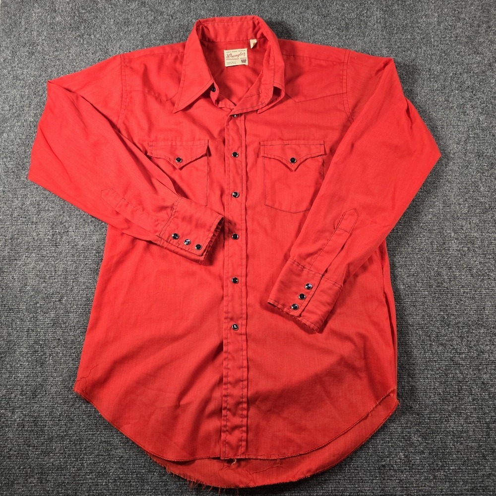 Vintage Wrangler Permanent Press Long Tail Western Pearl Shirt Red USA 16.5-34